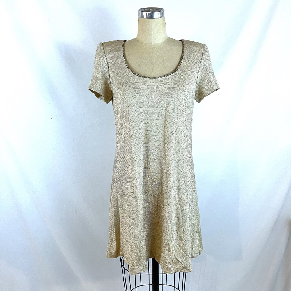 Vintage 90s Gold Glitter Mini Dress w Rhinestone Trim Large